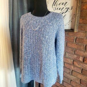 Jeanne Pierre Lovely Round Neck, Heather Blue Cable Knit Sweater - Size L